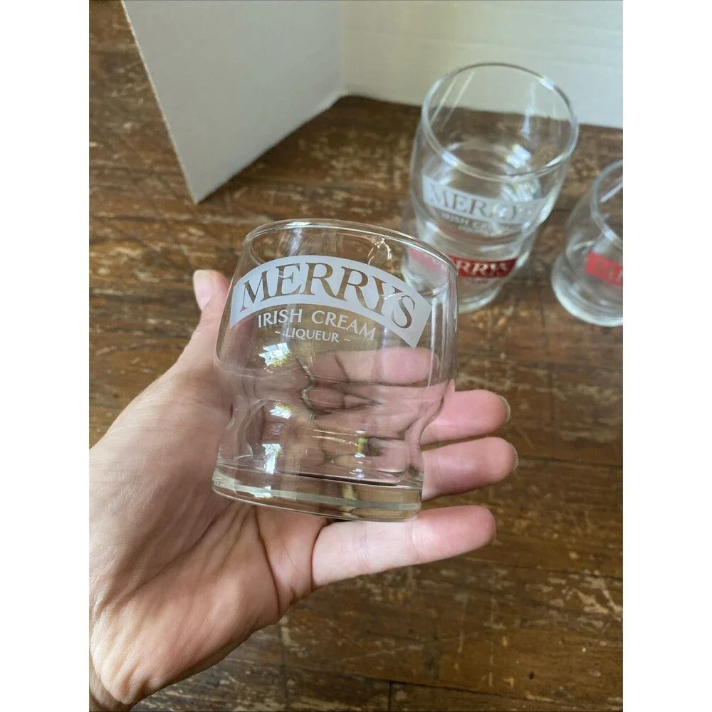 Merrys Irish Cream Liqueur Whiskey Glasses Set of 4 Red & White Letters VTG